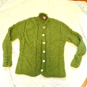 Hand knit Cardigan Sweater 10% Wool Bright Green L XL